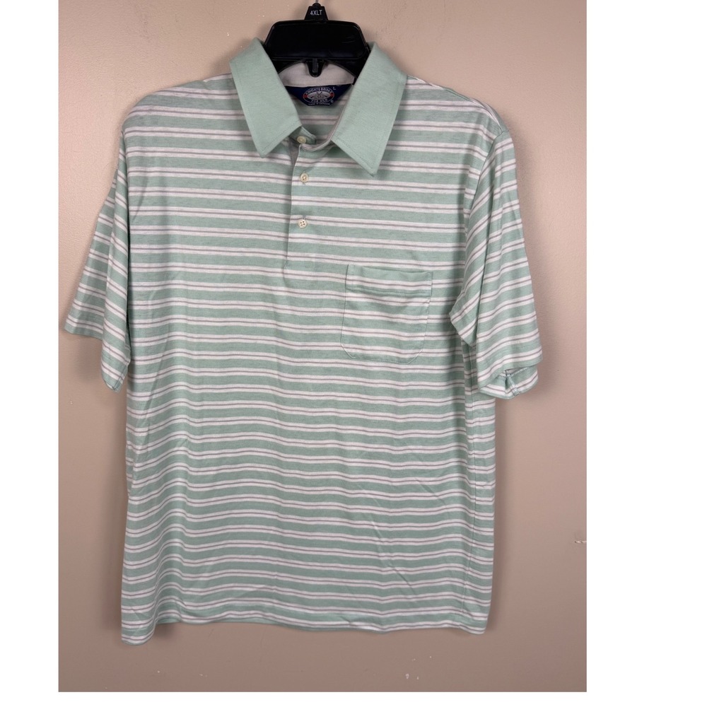 Knights Bridge Men Polo Shirt Large Mint Green White Striped Short Sleeve Pocket